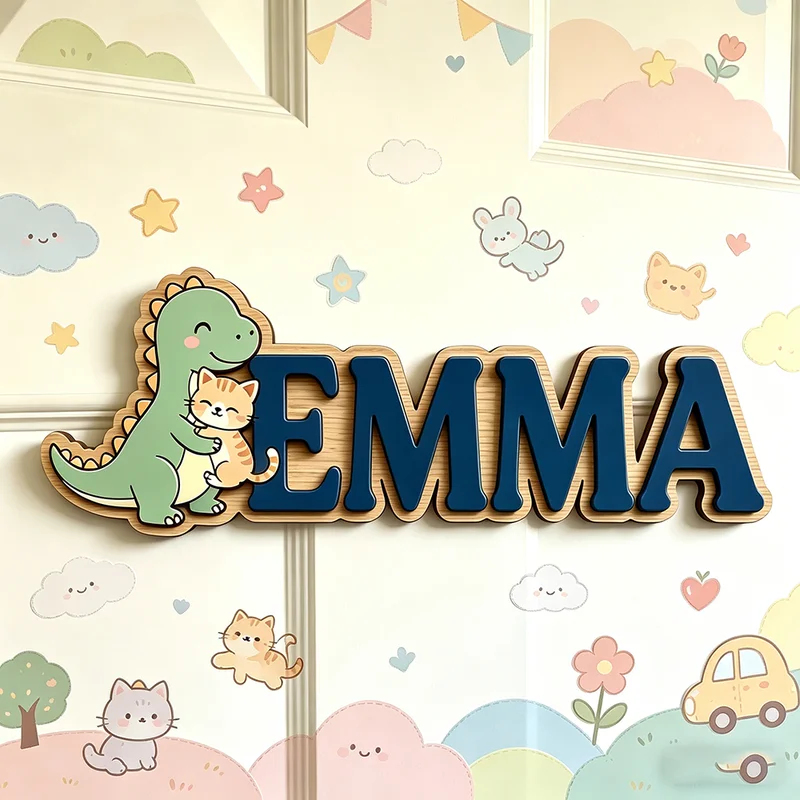 Baby Nursery Name Wall Art - Targa Personalizzata con Dinosauro Carino che