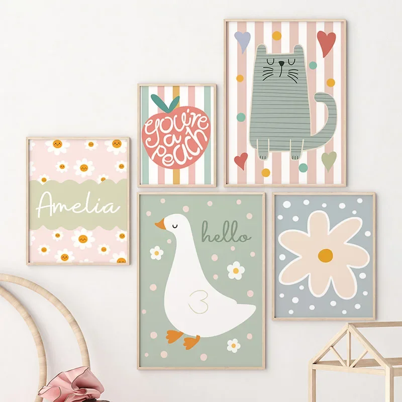 Baby Nursery Name Wall Art - Cartoon Cat Duck Bird Apple Nome