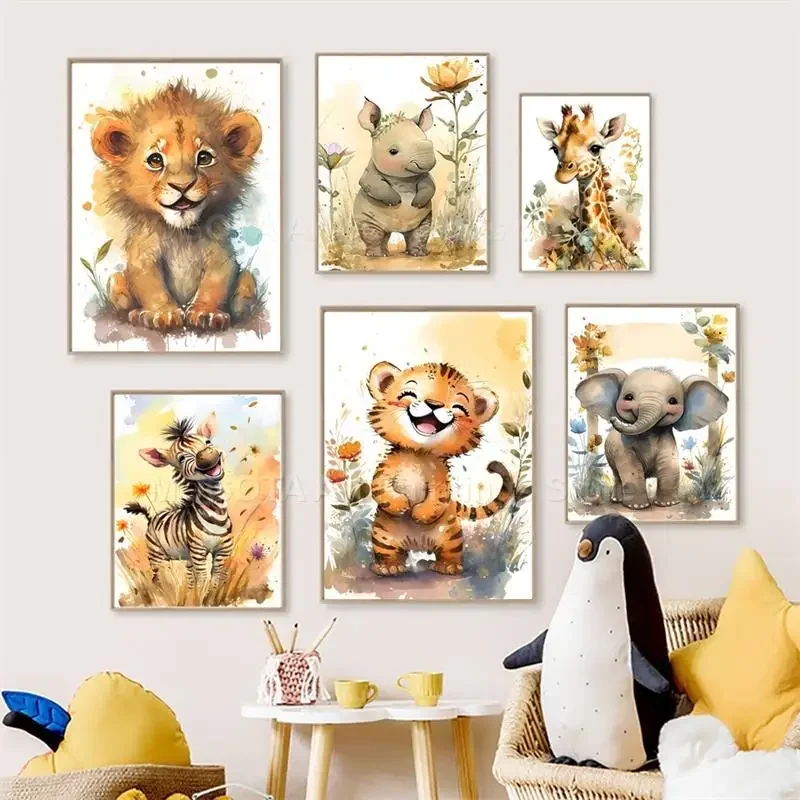 Baby Nursery Animal Pictures - Acquerello Leone Giraffa Tigre Elefante Zebra