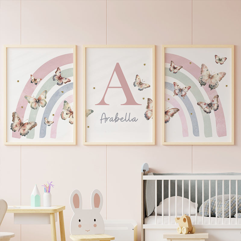 Baby Nursery Name Wall Art - Rosa Arcobaleno Farfalla Nome personalizzato del